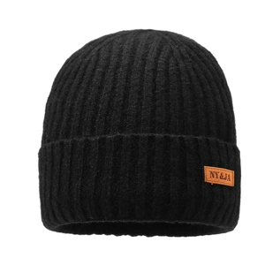 Men's winter black ribbed knit beanie hat with thermal fleece lining and brown leather patch