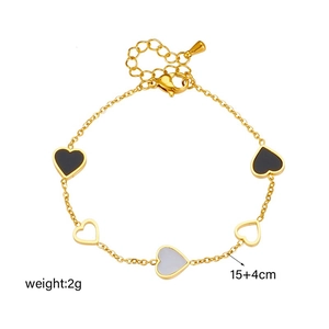 Titanium steel chain bracelet with black and white heart charms in 15+4cm length