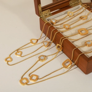 Gold plated titanium steel long necklaces with heart and square crystal pendants