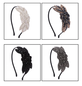 Detailed four-color collage of handmade beaded headbands with rhinestone leaf ornaments