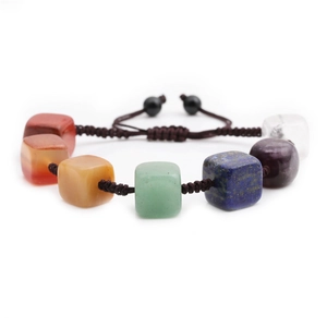 Handmade braided rope bracelet featuring seven colorful natural raw stone cubes