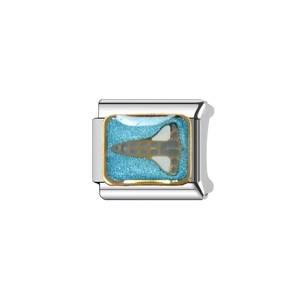 Italian modular charm link in stainless steel with blue enamel and golden rocket shuttle