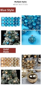 Detail of blue and gold Christmas ornaments with shiny, matte, and glitter textures