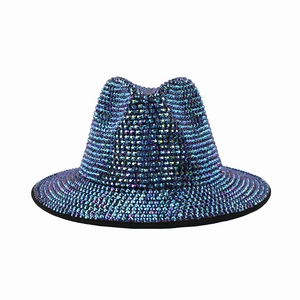 Sparkly Fedora party hat featuring blue and purple rhinestones for stage performances