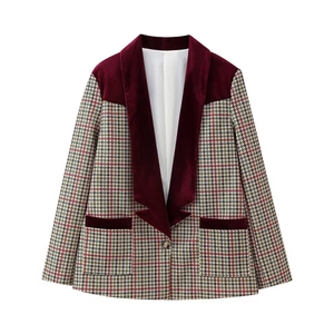 Women's burgundy wool blazer with velvet lapel and stylish houndstooth patchwork