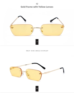 Detail view of gold frame rectangular sunglasses with yellow lenses at 0 and 90 degrees