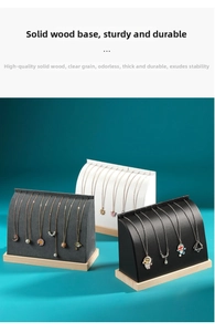 Detail view of curved jewelry display stands with wooden bases and diverse textures