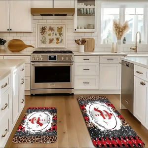 Modern Christmas kitchen mat set featuring snowman and buffalo plaid in bright room
