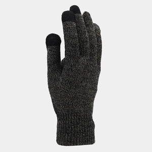 Close-up of gray knit touchscreen gloves with ribbed cuffs and conductive fingertips