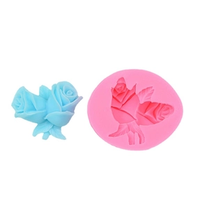 Pink silicone mold for 3D rose fondant and resin crafts with blue flower sample