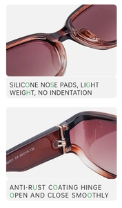 Detailed view of integrated nose pads and durable metal hinges on square sunglasses