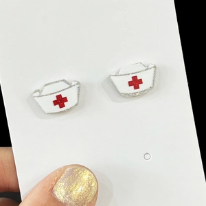 Glittery nurse hat stud earrings with red cross for medical professionals gift