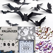 3D Halloween wall stickers featuring black bats, ghosts, and glowing festive letters