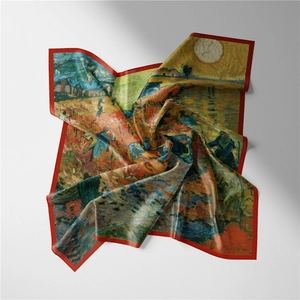 Detail of a 53cm silk scarf with Van Gogh The Sower print and elegant red border