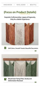 Detailed close-up of handmade macrame wall hanging with wooden board and cotton fringe