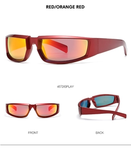 Detailed views of matte red sports sunglasses with red mirror lenses from multiple angles