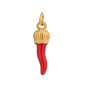 Close-up of a gold 18K stainless steel cornicello pendant with red enamel and crown