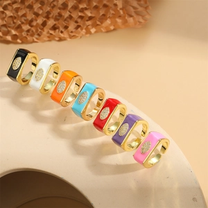 Set of 7 colorful evil eye square rings in gold finish with vibrant enamel inlay