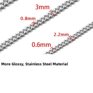 Macro detail of 3mm and 2.2mm polished stainless steel Cuban link chains in silver