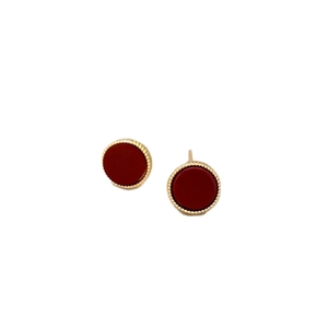 Minimalist geometric round stud earrings in deep red with elegant gold beaded edging