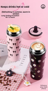 Detail of 316 stainless steel insulated mugs with bow and daisy prints and silicone charms