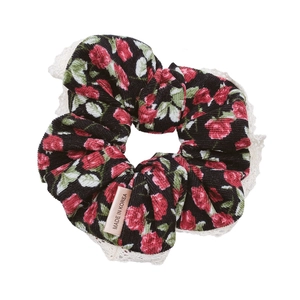 French vintage floral hair scrunchie with red roses, green leaves and white lace trim