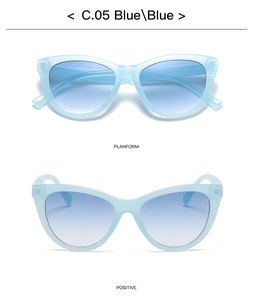 Front and top view of light blue gradient cat eye sunglasses with transparent resin frames