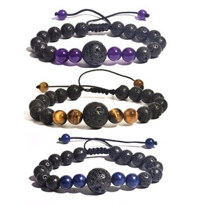 Three-piece lava rock bracelet set with amethyst, tiger eye, and turquoise beads