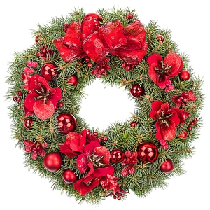 Close-up of Christmas wreath with red berries, silk flowers, and a large decorative bow