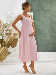 Maternity Dress Ribbed Knit Sleeveless High Waist Pleated Elegant Solid Pink Midi Length Pregnancy Gown Women