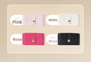 Detailed view of four colorful PU leather portable travel jewelry boxes with metal snap buttons