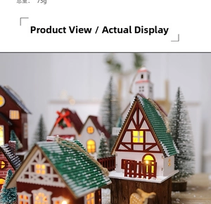 Macro detail of glowing wooden Christmas house ornament with snow finish and LED light