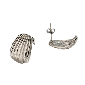 Textured silver stainless steel hoop earrings with vertical grooved shell pattern design