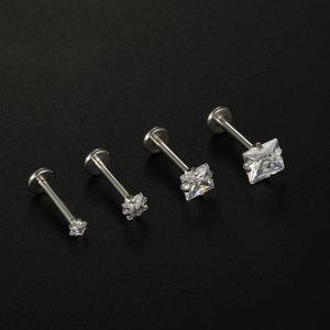 Set of four 316L stainless steel labret studs with square clear zircon in varying sizes