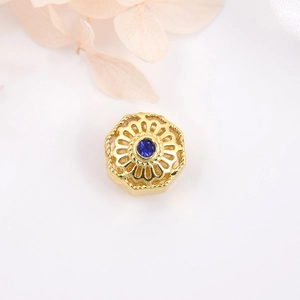 18k gold-plated hexagonal hollow bead with blue gemstone for DIY jewelry making