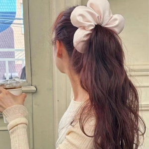 Champagne satin oversized hair scrunchie with silk gloss for high ponytail styling