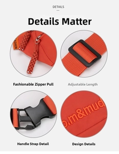 Detail view of orange nylon waist bag with sturdy buckle and embroidery accents