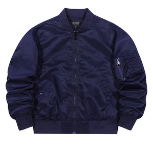 Classic dark blue MA-1 flight jacket with ribbed collar and sleeve zipper pocket