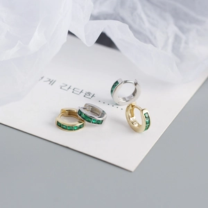 S925 sterling silver hoop earrings with square green zircon stones in gold and silver finish