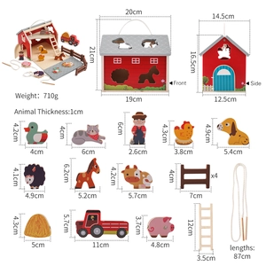 Detailed dimensions of wooden farm toy set components including barn and animal figures
