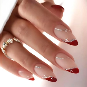 French Tip Red Glitter Press On Nails Elegant Almond Shape Nude Pink Glossy Fake Nails With Silver Star Design For Women