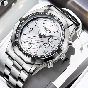 ORUSS Luxury Men's Chronograph Watch with Silver Steel Strap and Octagonal Bezel