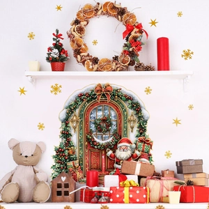 Weihnachts Wandtattoo Set mit Weihnachtsmann, Geschenken und goldenen Schneeflocken