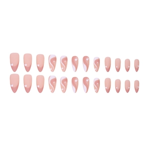 Set of 24 almond press-on nails with Morandi pink gradient, hearts, and wavy line designs