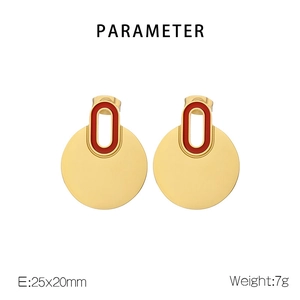Detail view of gold stainless steel earrings with red enamel oval inlay and dimensions