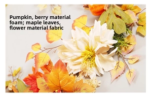 Close-up of autumn garland featuring fabric maple leaves and foam pumpkins for decor