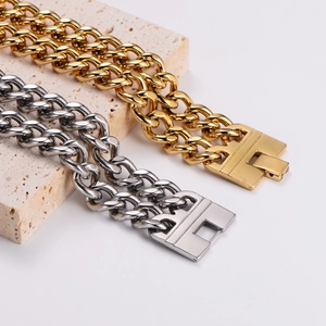 Men's double row Cuban link chain bracelet in gold and silver finish stainless steel