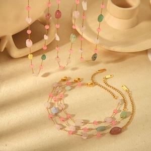 Parure bijoux en acier inoxydable doré 18 carats avec perles de pierres naturelles