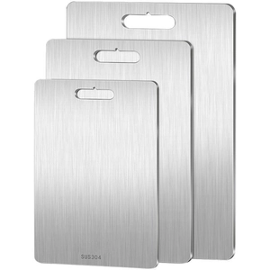 Three-piece set of SUS304 stainless steel cutting boards with handles on white background
