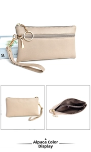 Alpaca beige leather clutch with multi-compartment interior and metal zipper detail
